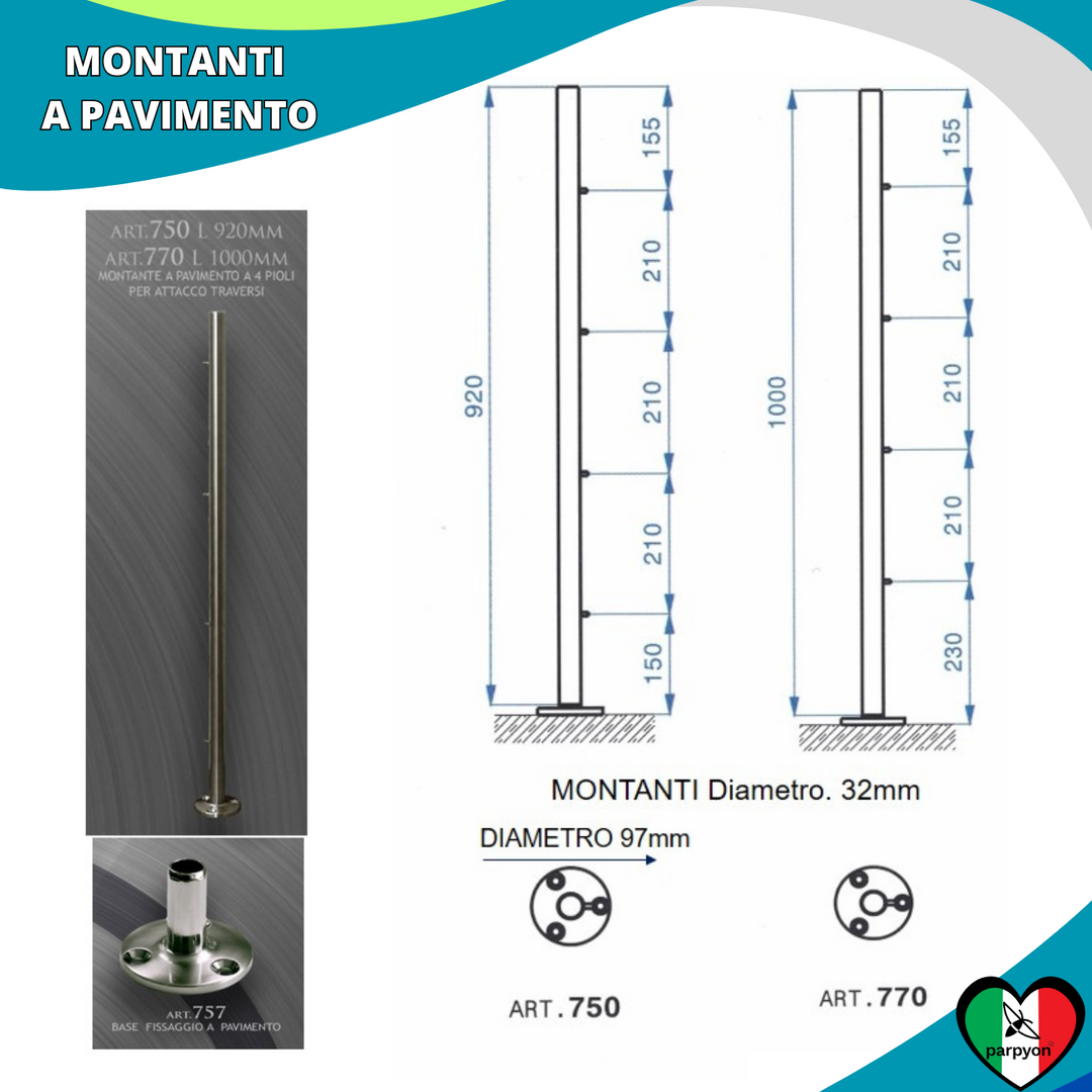 Montante per Ringhiera Fissaggio Pavimento