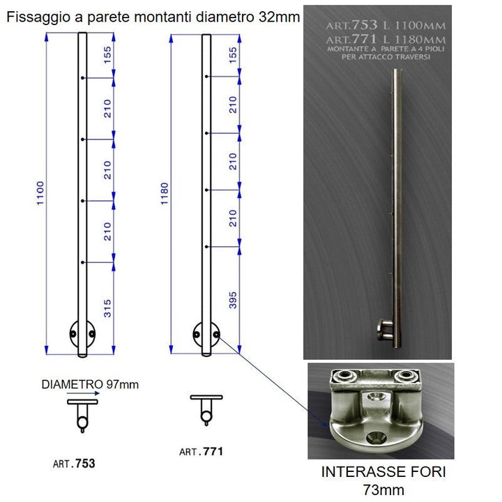 Ringhiera scala in Acciaio Inox da 6 MT - Fissaggio Parete