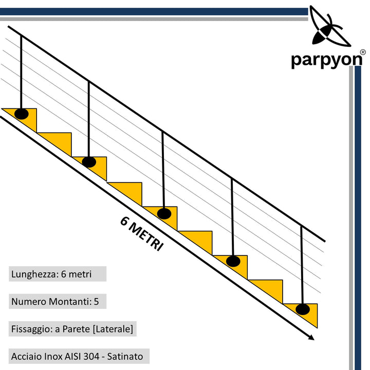 Ringhiera scala in Acciaio Inox da 6 MT - Fissaggio Parete