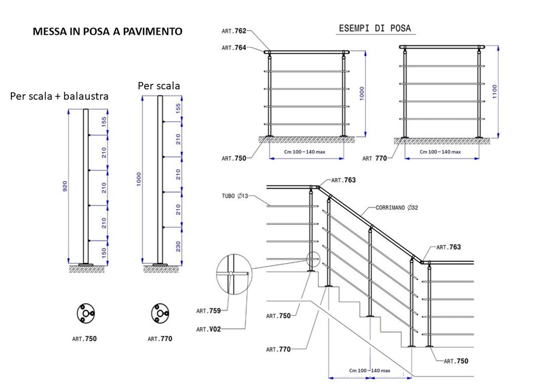 Montante per Ringhiera Fissaggio Pavimento