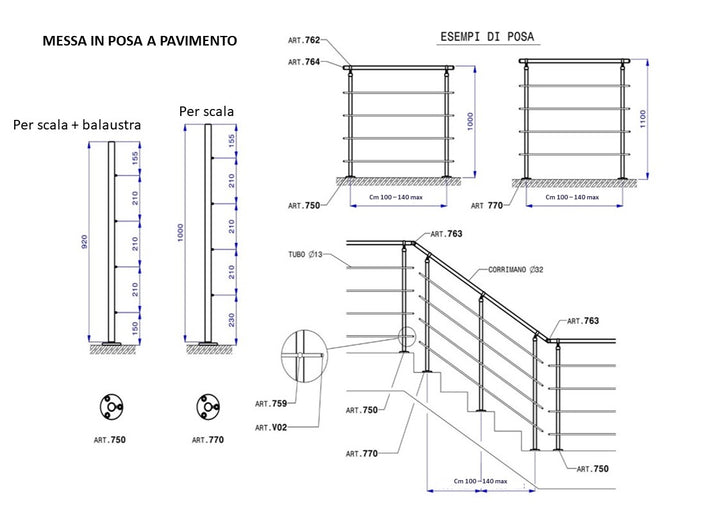 Montante per Ringhiera Fissaggio Pavimento