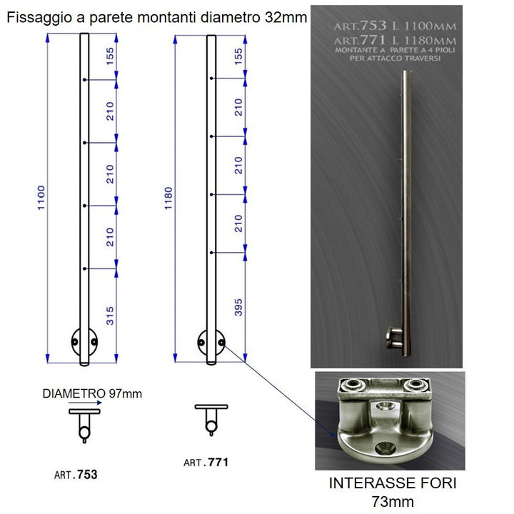 Ringhiera scala in Acciaio Inox da 2 MT - Fissaggio Parete